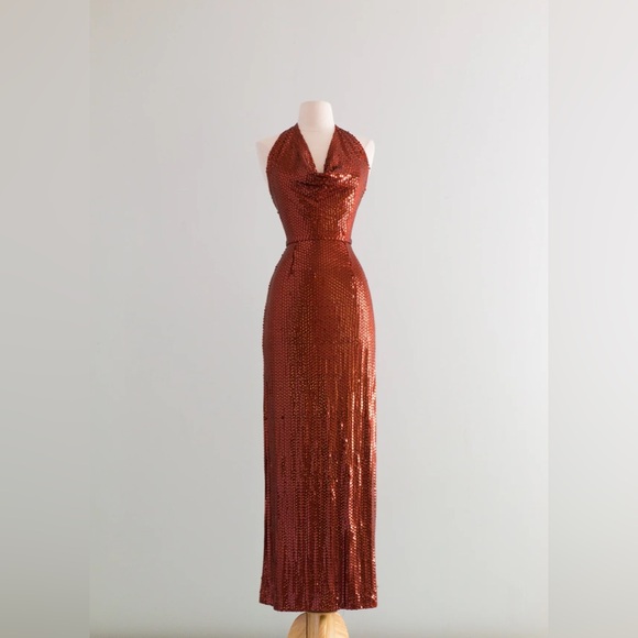 Vintage 1970s HOT LAVA Copper Sequined Halter Gown By Lillie Ruben / Small - Picture 7 of 11